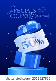 3d premium platinum coupon with coupon code, percent price off inside an opened gift box, on a stage, isolated on dark background with star effect. Gift voucher banner in 3d vector