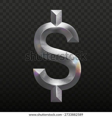 3D Premium Silver Dollar Symbol with Liquid Metal Texture. Realistic Chrome USD Currency Icon with Beveled Edges for USA Finance, Banking and Modern Investment Design