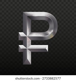 3D Premium Silver Russian Ruble Symbol with Liquid Metal Texture. Realistic Chrome RUB Currency Icon with Beveled Edges for Russia Finance, Banking and Modern Investment Design
