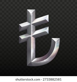 3D Premium Silver Turkish Lira Symbol with Liquid Metal Texture. Realistic Chrome TRY Currency Icon with Beveled Edges for Turkey Finance, Banking and Modern Investment Design