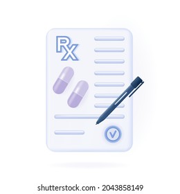 Papel rx de la almohadilla de prescripción 3d. Lista de médicos, diagnóstico, forma médica con medicamentos. El concepto de prescripción de una dosis de píldoras, cápsula con firma en una receta, recibo.Ilustrador vector