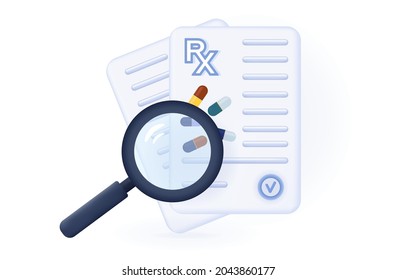 Papel rx de la almohadilla de prescripción 3d. Cheque, diagnóstico de búsqueda, forma médica con medicamentos. El concepto de prescripción de una dosis de píldoras, cápsula con firma en una receta, recibo.Ilustración vectorial