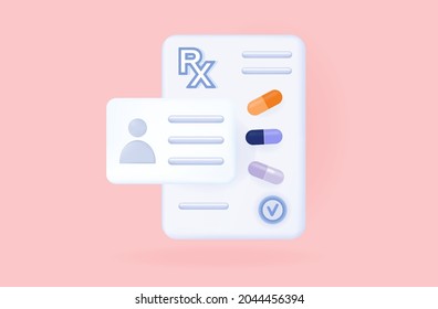 3 quinquies de receta con tarjeta de paciente. Cheque, diagnóstico, formulario de papel médico con medicamentos. El concepto de prescripción de una dosis de píldoras, cápsula con firma en una receta, recibo.Vector