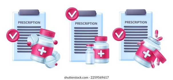 3D prescription pharmacy icon, insurance pills control medical concept, capsule, clipboard on white. Paper doctor report hospital document, vector healthcare remedy drug. 3D prescription receipt file