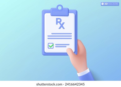 3D prescription RX with pills and capsule on clipboard icon symbol. first aid and health care check, pharmacy, Doctor paper form concept. 3D vector isolated illustration, Cartoon pastel Minimal style.