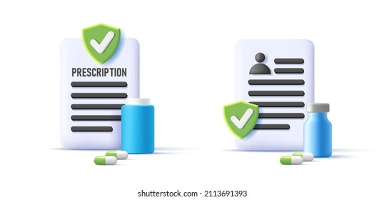 3d prescription rx with pills and medicines. Doctor's paper form, diagnosis, medical list with medications. The concept of prescribing a dose of pills, capsule, icon set