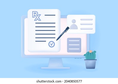 3d prescripción rx. Firma de un documento médico electrónico. cita con un médico en línea para el tratamiento. Llenando la forma farmacéutica en línea. Página de recetas o recetas en la pantalla del ordenador. Vector