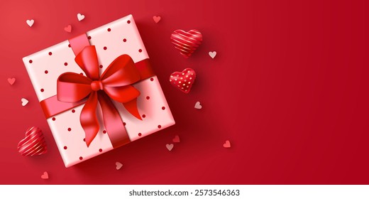 3d Present box composition with hearts and confetti. Happy Valentine's day. Vector illustration