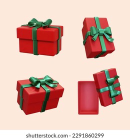 3D present element set isolated on light pink background. Red gift boxes wrapped with green ribbon, open and closed in different angles.