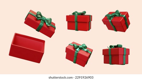 3D present element set isolated on light pink background.. Red gift boxes wrapped with green ribbon, open and closed mock ups in different angles.