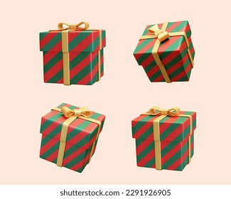 3D present element set isolated on light beige background. Green and red stripes gift boxes wrapped with yellow ribbon in different angles.