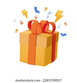 3D present icon, special give away package, loyalty program reward. surprise yellow gift box, birthday celebration wonder gift with exclamation mark, vector icon, 3D render illustration