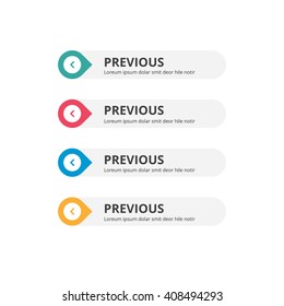 3d Previous Button set with icon. beautiful text button with icon. Orange Button, Blue Button, Red Button, Turquoise button. Call to action icon button. Flat Button Set. Vector Illustration