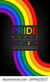 3d Pride month background 2024 banner template, Logo LGBT, LGBTQ, LGBTQIA Pride flag with colorful rainbow. Symbol of pride month june support. LGBTQ+ parade annual summer event, Vector Illustration.