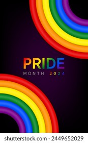 3d Pride month background 2024 banner template, Logo LGBT, LGBTQ, LGBTQIA Pride flag with colorful rainbow. Symbol of pride month june support. LGBTQ+ parade annual summer event, Vector Illustration.