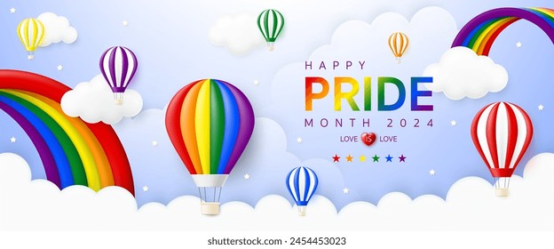 3d Pride month banner template, LGBT, LGBTQ, LGBTQIA with hot air balloon and rainbow in blue sky background. Invitation greeting card. LGBTQ+ parade annual summer event, celebration, social media