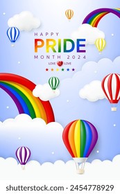 Plantilla de Anuncio del mes del Orgullo 3d, LGBT, LGBTQ, LGBTQIA con globo aerostático y arco iris en fondo azul. Tarjeta de felicitación de invitación. Desfile LGBTQ+ evento anual de verano, celebración, medios sociales