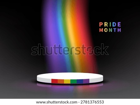 3D Pride Month podium with vibrant rainbow light on black background. Vector illustration.