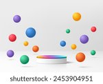 3D pride month product podium background with with colorful bounce balls. Abstract composition in minimal design. 3D studio showroom product pedestal, Fashion showcase mockup scene. Banner cosmetic.