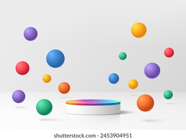 3D pride month product podium background with with colorful bounce balls. Abstract composition in minimal design. 3D studio showroom product pedestal, Fashion showcase mockup scene. Banner cosmetic.