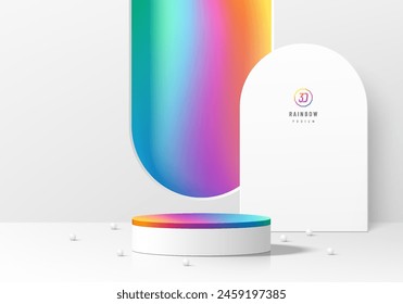 3D pride month product podium background with rainbow colorful in arch window. Abstract composition in minimal design. Studio showroom product pedestal, Fashion showcase mockup scene. Banner cosmetic