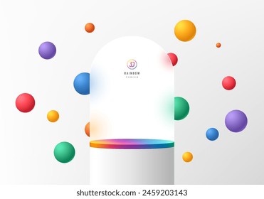 3D pride month product podium background white color with colorful bounce balls. Abstract composition minimal design. Studio showroom product pedestal, Fashion showcase mockup scene. Banner cosmetic.