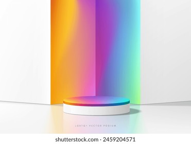 3D pride month product podium background with rainbow colorful in corner room. Abstract composition in minimal design. Studio showroom product pedestal, Fashion showcase mockup scene. Banner cosmetic