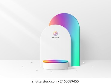 3D pride month product podium background with rainbow colorful arch backdrop. Abstract composition in minimal design. Studio showroom product pedestal, Fashion showcase mockup scene. Banner cosmetic