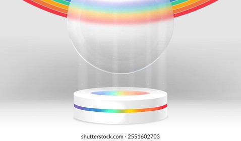 3d pride podium with rainbow. Lgbtq platform with glass for product display in realistic studio room render. Blue, yellow, orange and purple template with cylinder pedestal. Empty showcase mockup