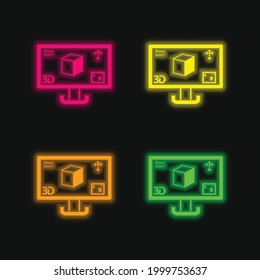 3d Print Image On A Monitor Screen four color glowing neon vector icon