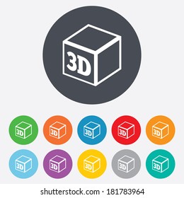 3D Print sign icon. 3d cube Printing symbol. Additive manufacturing. Round colourful 11 buttons. Vector