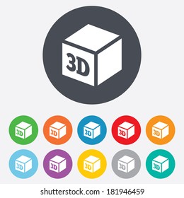 3D Print sign icon. 3d cube Printing symbol. Additive manufacturing. Round colourful 11 buttons. Vector