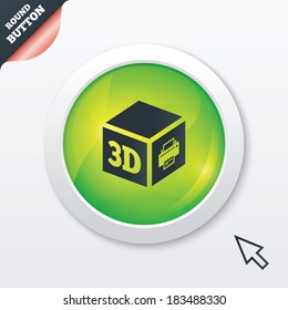 3D Print sign icon. 3d cube Printing symbol. Additive manufacturing. Green shiny button. Modern UI website button with mouse cursor pointer. Vector