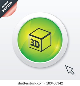 3D Print sign icon. 3d cube Printing symbol. Additive manufacturing. Green shiny button. Modern UI website button with mouse cursor pointer. Vector