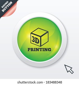 3D Print sign icon. 3d cube Printing symbol. Additive manufacturing. Green shiny button. Modern UI website button with mouse cursor pointer. Vector