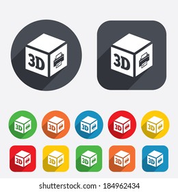 3D Print sign icon. 3d cube Printing symbol. Additive manufacturing. Circles and rounded squares 12 buttons. Vector