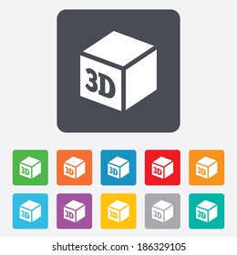 3D Print sign icon. 3d cube Printing symbol. Additive manufacturing. Rounded squares 11 buttons. Vector