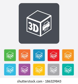 3D Print sign icon. 3d cube Printing symbol. Additive manufacturing. Rounded squares 11 buttons. Vector