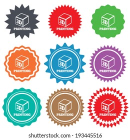 3D Print sign icon. 3d cube Printing symbol. Additive manufacturing. Stars stickers. Certificate emblem labels. Vector