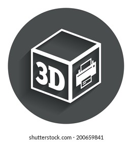 3D Print sign icon. 3d cube Printing symbol. Additive manufacturing. Circle flat button with shadow. Modern UI website navigation. Vector