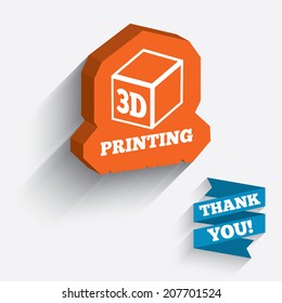 3D Print sign icon. 3d cube Printing symbol. Additive manufacturing. White icon on orange 3D piece of wall. Carved in stone with long flat shadow. Vector