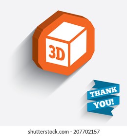 3D Print sign icon. 3d cube Printing symbol. Additive manufacturing. White icon on orange 3D piece of wall. Carved in stone with long flat shadow. Vector