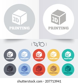 3D Print sign icon. 3d cube Printing symbol. Additive manufacturing. Round 12 circle buttons. Shadow. Hand cursor pointer. Vector