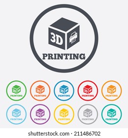 3D Print sign icon. 3d cube Printing symbol. Additive manufacturing. Round circle buttons with frame. Vector