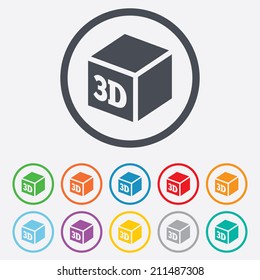 3D Print sign icon. 3d cube Printing symbol. Additive manufacturing. Round circle buttons with frame. Vector