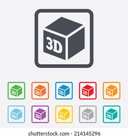 3D Print sign icon. 3d cube Printing symbol. Additive manufacturing. Round squares buttons with frame. Vector