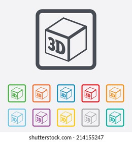 3D Print sign icon. 3d cube Printing symbol. Additive manufacturing. Round squares buttons with frame. Vector