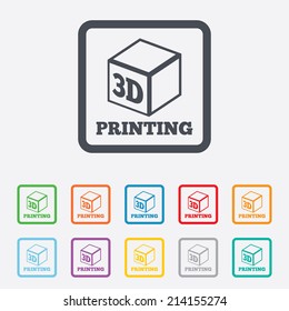 3D Print sign icon. 3d cube Printing symbol. Additive manufacturing. Round squares buttons with frame. Vector