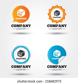 3D Print sign icon. 3d cube Printing symbol. Additive manufacturing. Business abstract circle logos. Icon in speech bubble, wreath. Vector