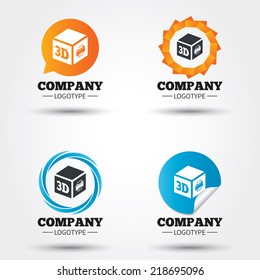 3D Print sign icon. 3d cube Printing symbol. Additive manufacturing. Business abstract circle logos. Icon in speech bubble, wreath. Vector